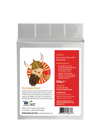 WHC Lab Voss Kveik Yeast – 500g pack of high-performance active dry yeast for brewing. A well-known Norwegian Kveik strain with extreme thermotolerance, fermenting at up to 40°C (104°F) to enhance ester production. Produces vibrant orange and citrus flavors, ideal for high-gravity brewing with excellent alcohol tolerance. Designed for professional brewery use. Store in dry conditions at 4-10°C (39-50°F).