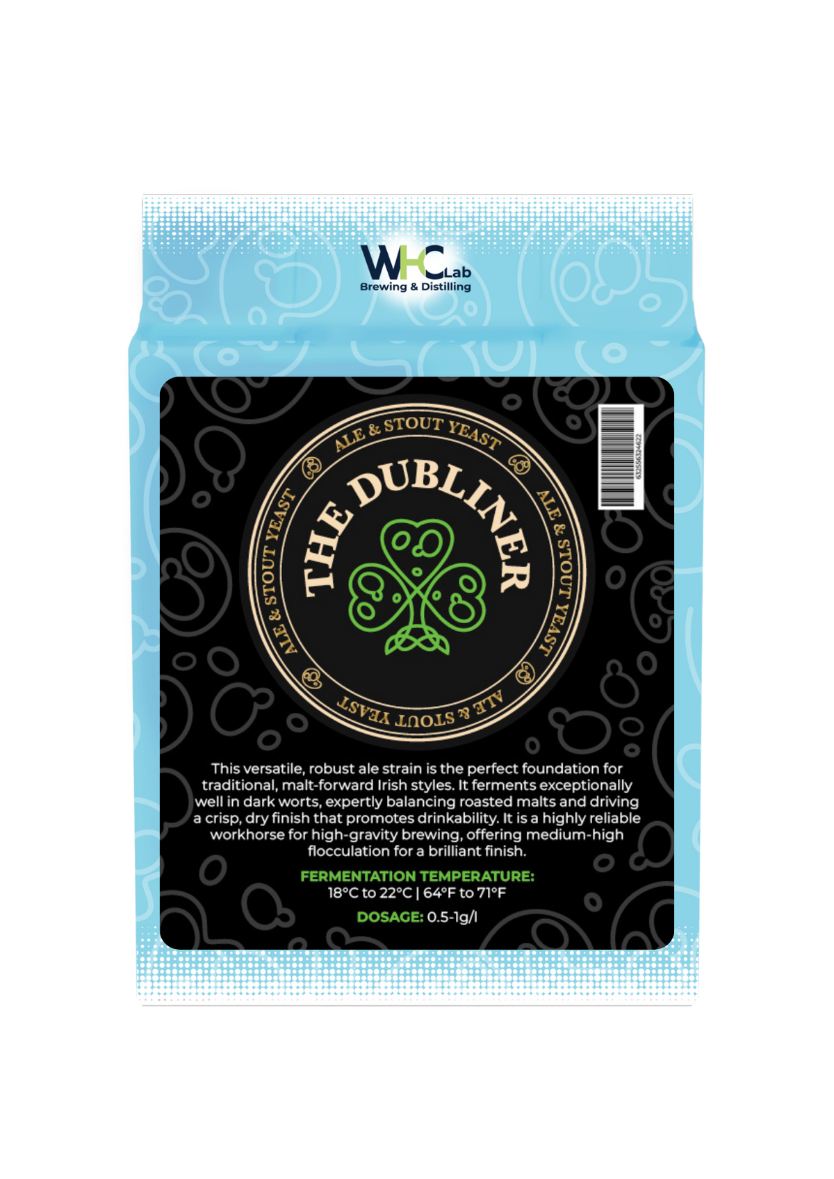 A bag of 'The Dubliner' WHC Lab dry brewing yeast. The packaging is light-blue, with a black front-logo with the name of the product and a green shamrock that contains yeast cells and celtic knots in the design.
