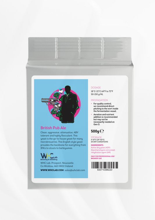 WHC Lab British Pub Ale 500g dehydrated brewing yeast, an English-style strain for IPAs, stouts, and barleywines. Packaging features a silhouette of a secret agent with neon accents, and includes dosage, propagation, and storage details.