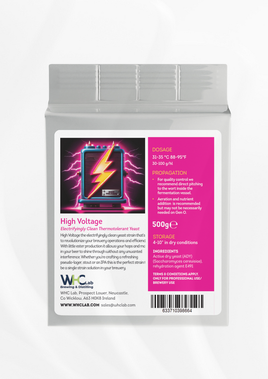 WHC Lab High Voltage 500g dehydrated brewing yeast, a thermotolerant strain for clean fermentation. Packaging features a neon amplifier with a lightning bolt, dosage, propagation, and storage details.