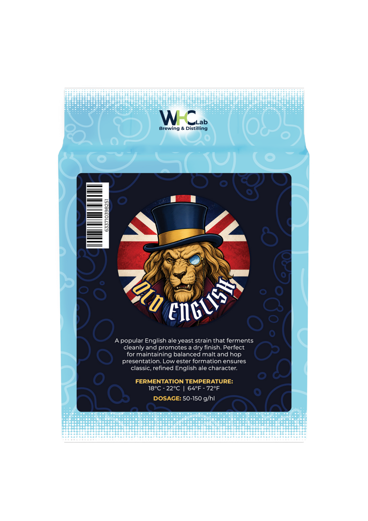 A bag of WHC Lab Brewing & Disilling 'Old English' ale yeast, featuring a dark navy blue label with a lion wearing a top hat and the Union Jack flag in the background.