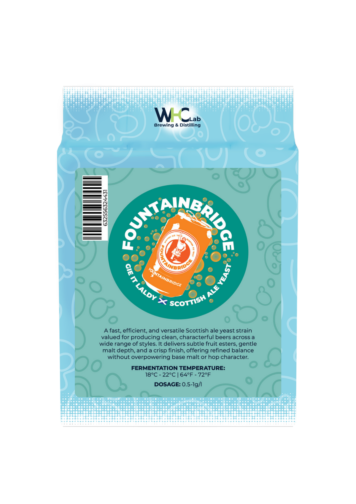 A package of 'Fountainbridge' WHC Lab dried brewing yeast. Bright blue packaging featuring a light green front-logo with an open orange can emanating orange bubbles.
