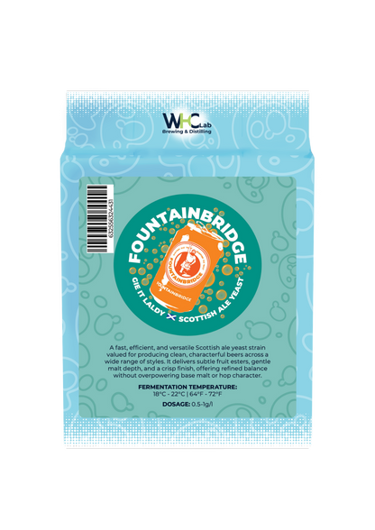 A package of 'Fountainbridge' WHC Lab dried brewing yeast. Bright blue packaging featuring a light green front-logo with an open orange can emanating orange bubbles.