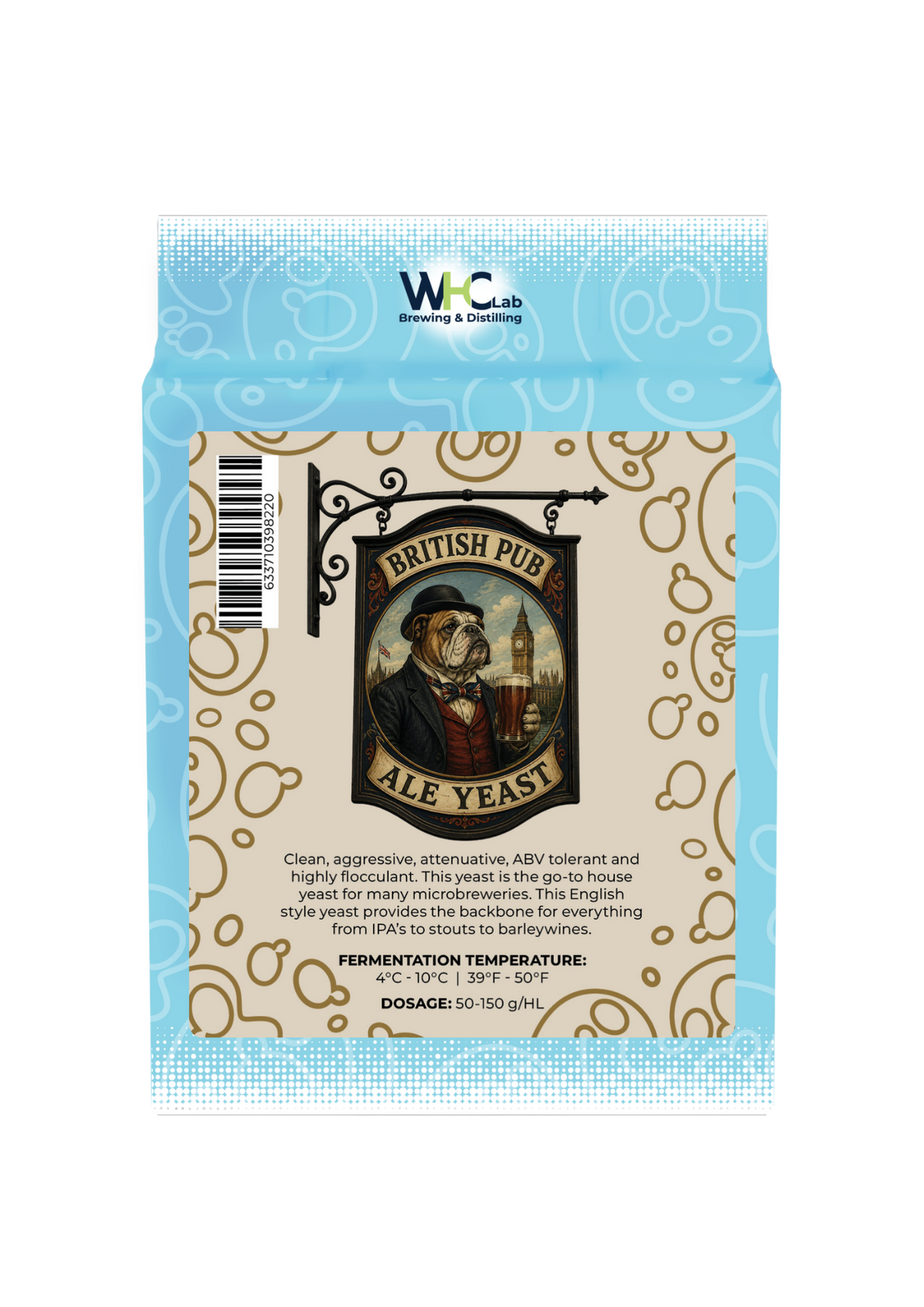 A bag of WHC Lab Brewing & Distilling British Pub Ale Yeast, featuring a light blue and white patterned outer bag with a central beige label depicting a pub sign with a dog holding a beer glass.