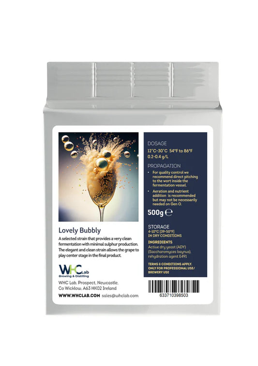 Product packaging with a label featuring an image of sparkling wine and text on a white background
