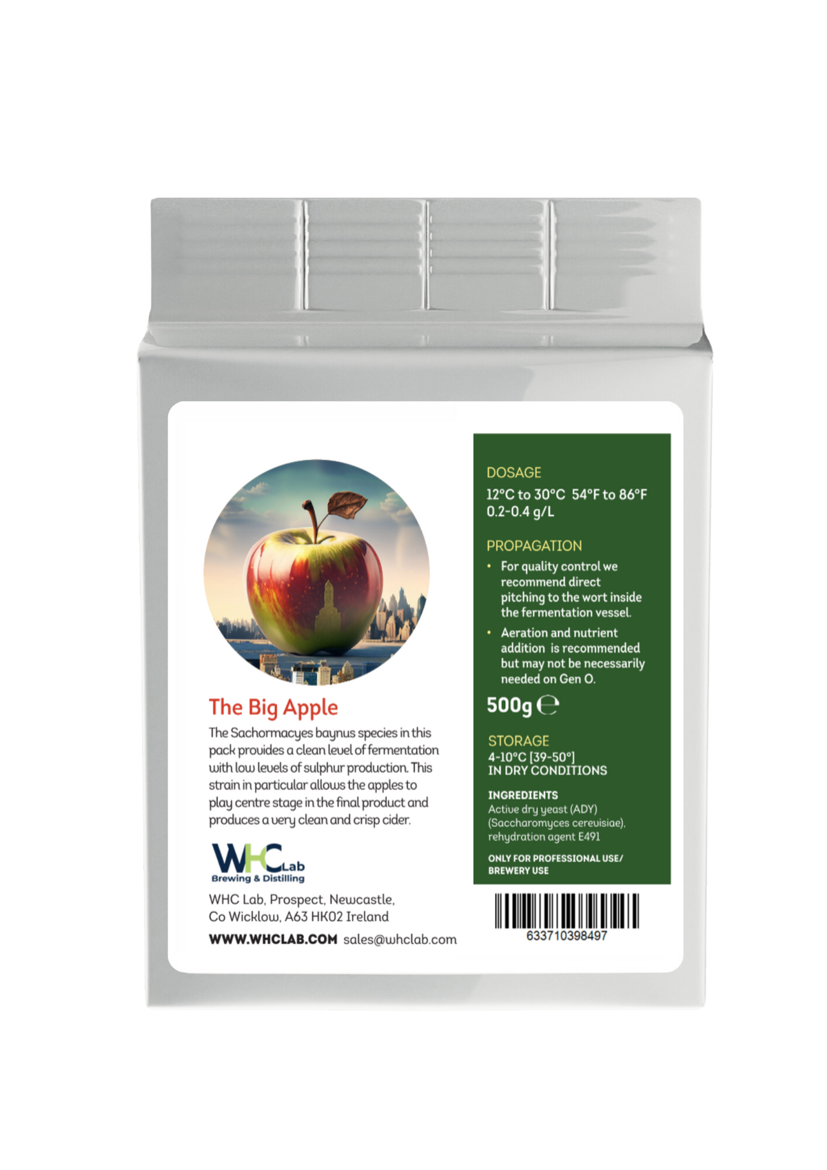 Packaging of 'The Big Apple: Cider Yeast' showing a red apple on the label and information about the product.