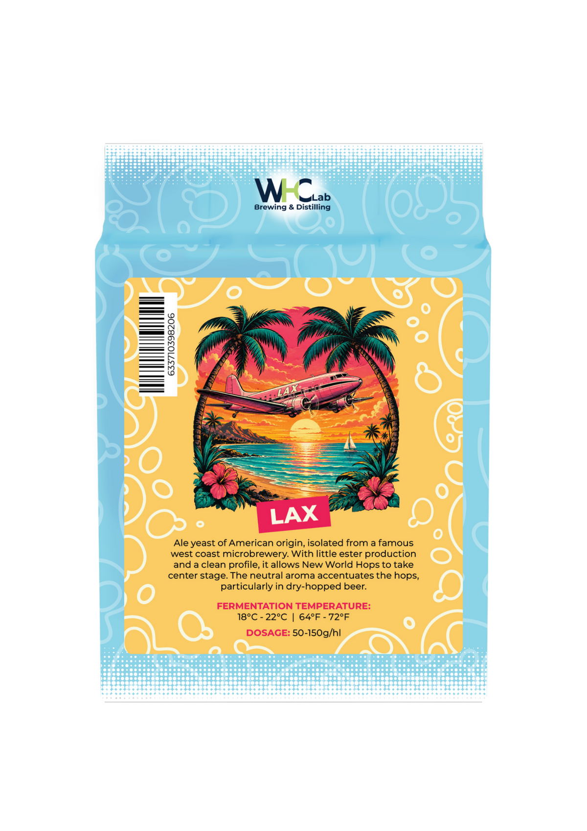 A bag of "LAX" WHC Lab dry brewing yeast. Yellow front-logo featuring a plane taking off over the sea between two palm trees at sunset, with a pink/orange sky in the background.