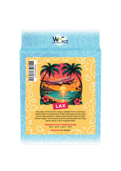 A bag of "LAX" WHC Lab dry brewing yeast. Yellow front-logo featuring a plane taking off over the sea between two palm trees at sunset, with a pink/orange sky in the background.