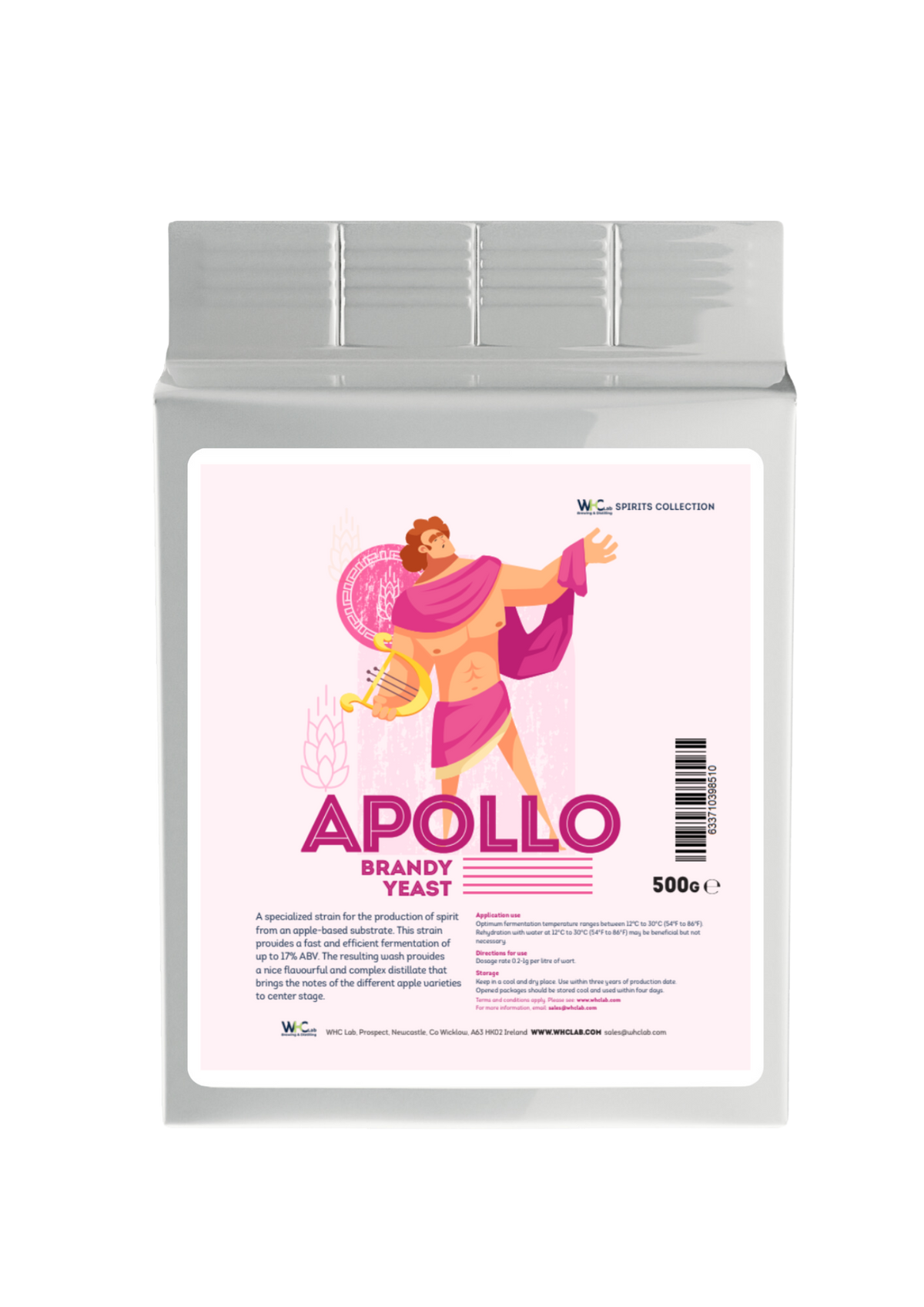 A container of Apollo brandy yeast with a label featuring an apple and the name Apollo prominently displayed.