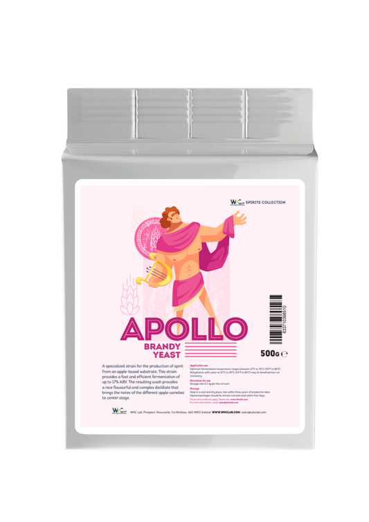 A container of Apollo brandy yeast with a label featuring an apple and the name Apollo prominently displayed.