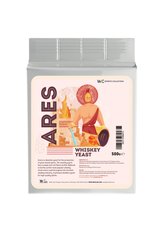 Ares whiskey yeast packaging, featuring a graphic of a distiller and still, with a focus on yeast as a product for distilling spirits.