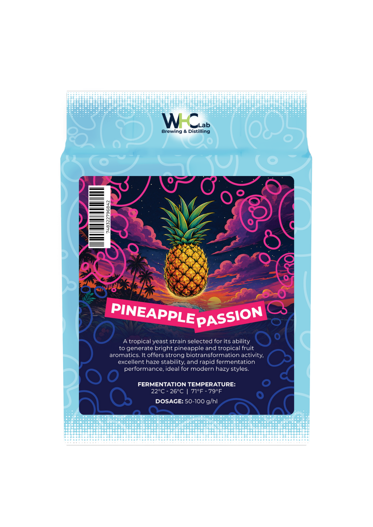A bag of WHC Lab dry brewing yeast featuring a dark blue sunset scene with clouds in the sky, silhouettes of palm trees, and a big, bright and vibrant pineapple front and centre. All on a light blue background