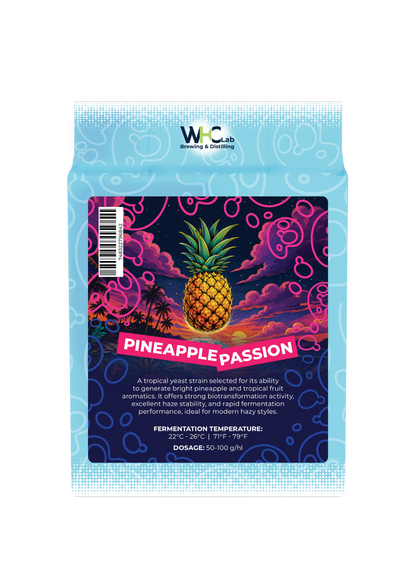 A bag of WHC Lab dry brewing yeast featuring a dark blue sunset scene with clouds in the sky, silhouettes of palm trees, and a big, bright and vibrant pineapple front and centre. All on a light blue background