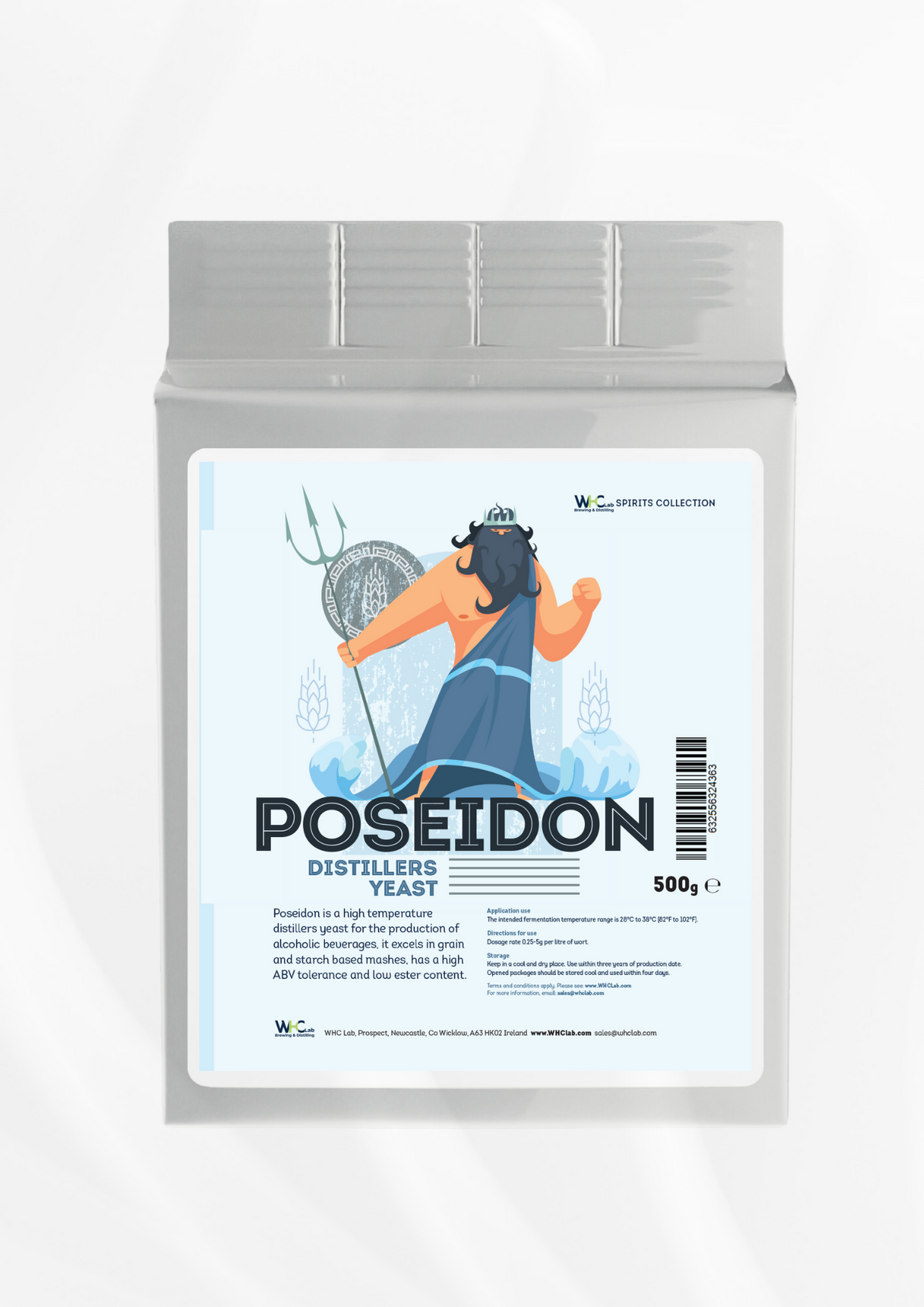 Packaging of Poseidon distillers yeast with a graphic of a character holding a trident on a white background.