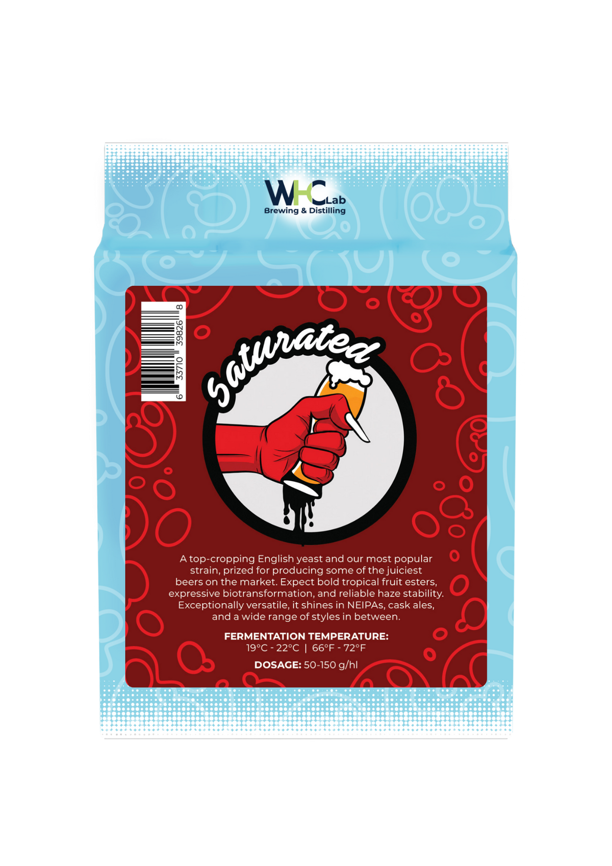 A bag of "Saturated" WHC Lab dry brewing yeast. The front logo is blood-red and features a devil's hand reaching into frame and squeezing glass of beer to the point where liquid is being wrung out from the bottom. All of this is on a light blue background.