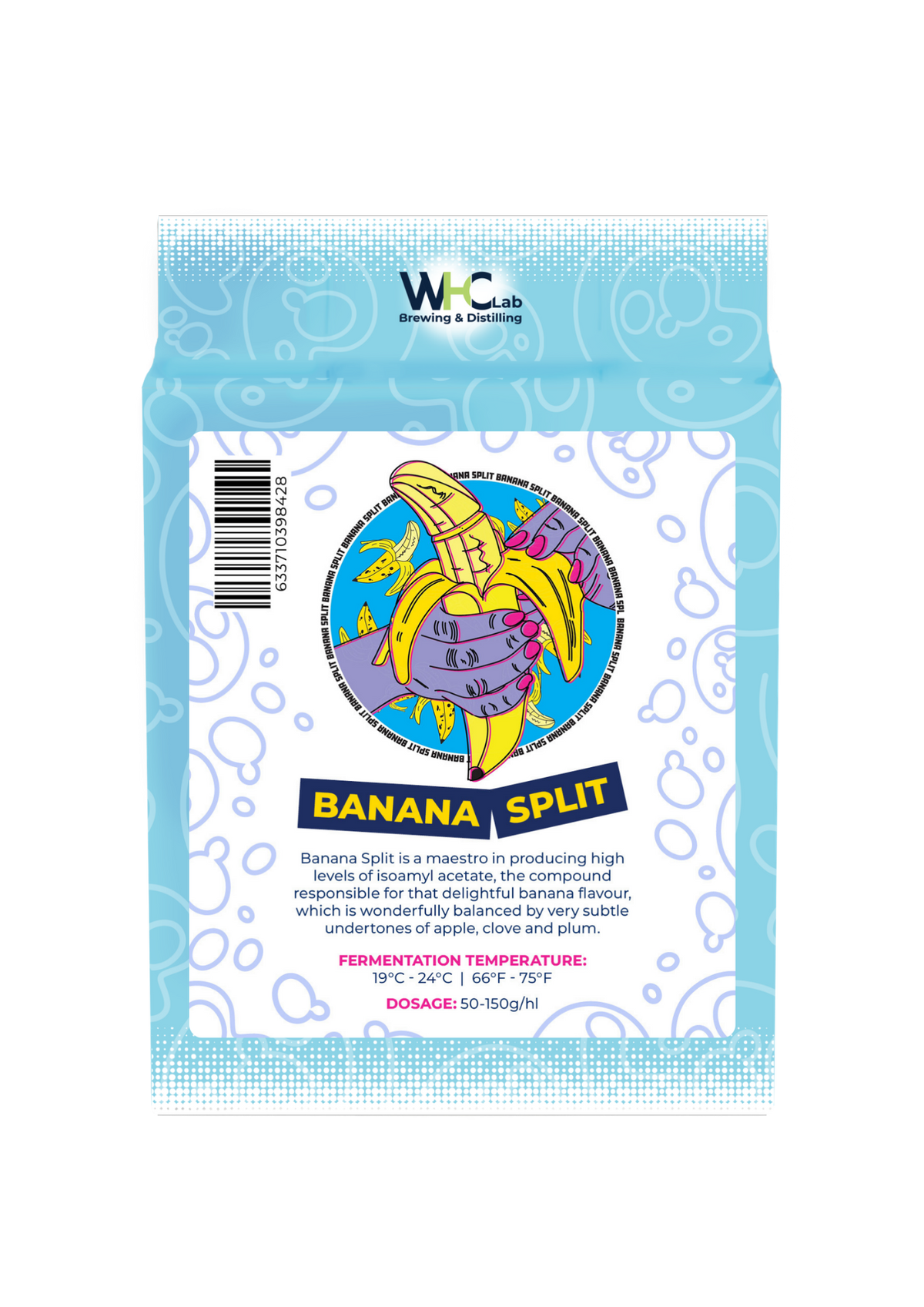 A packag of WHC Lab 'Banana Split' on a plain white background. The package is light blue with white water-drop style patterns, a central banana illustration, and product text describing the flavor and fermentation details.