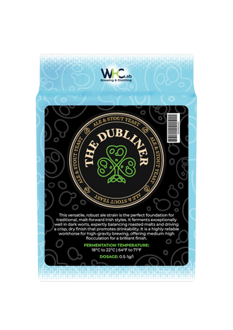 A bag of 'The Dubliner' WHC Lab dry brewing yeast. The packaging is light-blue, with a black front-logo with the name of the product and a green shamrock that contains yeast cells and celtic knots in the design.