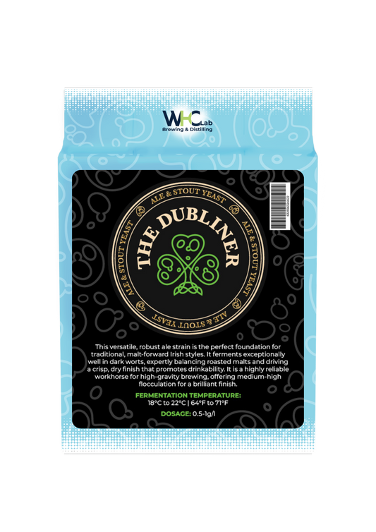 A bag of 'The Dubliner' WHC Lab dry brewing yeast. The packaging is light-blue, with a black front-logo with the name of the product and a green shamrock that contains yeast cells and celtic knots in the design.