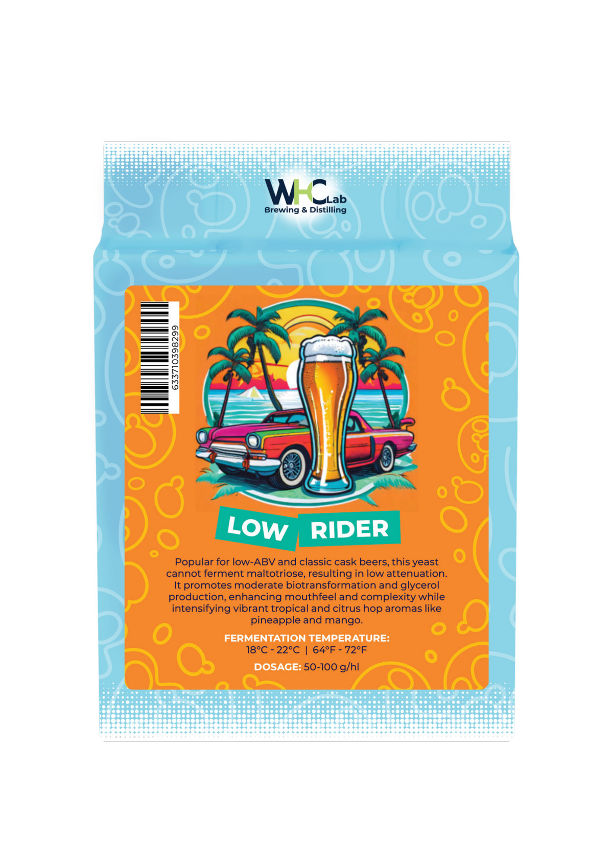 A bag of WHC Lab Low Rider brewing and fermenting yeast, featuring a bright orange and blue packaging design with a retro illustration of a beer glass, car, and palm trees.