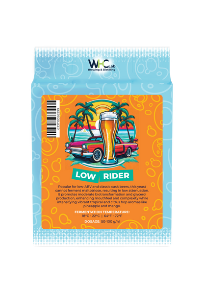 A bag of WHC Lab Low Rider brewing and fermenting yeast, featuring a bright orange and blue packaging design with a retro illustration of a beer glass, car, and palm trees.