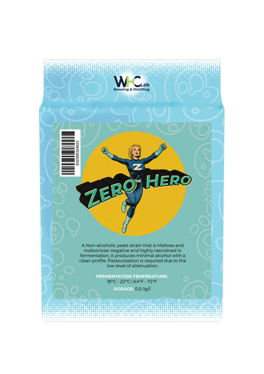 A bag of WHC Lab Zero Hero Maltose and maltodextrin malt extract yeast, featuring a light blue and teal design with a central yellow circle and the 'Zero Hero' logo.