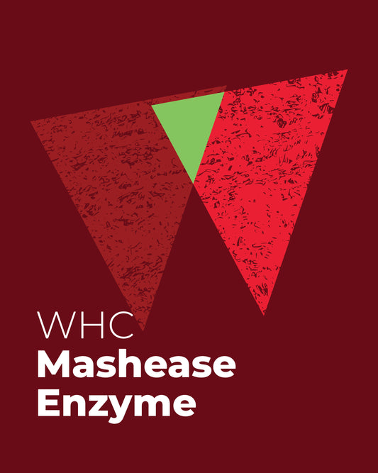 Logo with a red and green triangle on a red background, featuring 'WHC Mashease Enzyme'.
