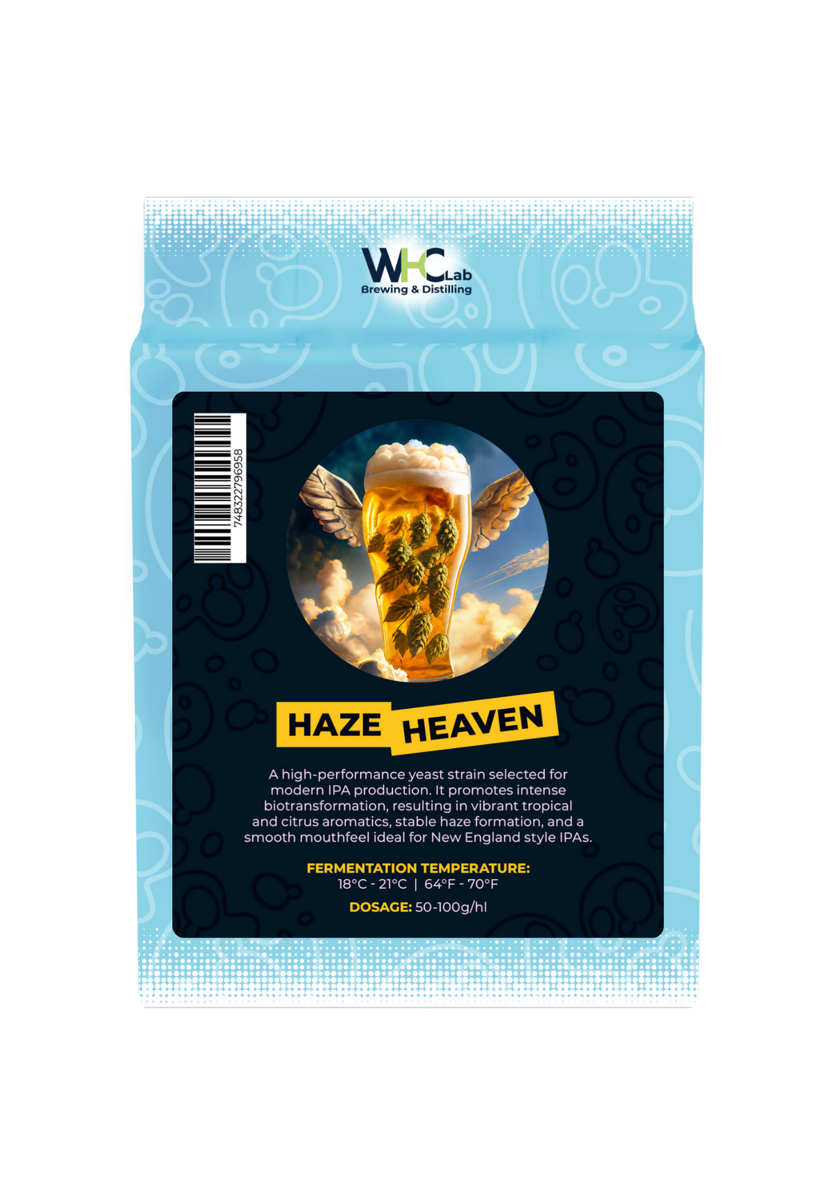 A bag of WHC Lab Haze Heaven dry yeast, featuring a dark blue and black label with a central photo of a frothy beer glass and yellow text, set against a clean white background.