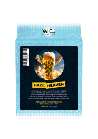 A bag of WHC Lab Haze Heaven dry yeast, featuring a dark blue and black label with a central photo of a frothy beer glass and yellow text, set against a clean white background.