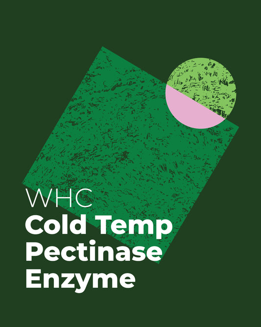 Green packaging with text 'WHC Cold Temp Pectinase Enzyme' on a green background
