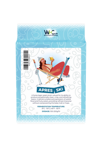 A bag of WHC Lab Apres Ski lager yeast strain, featuring a light blue and white design with an illustration of a woman relaxing in a beach chair holding a beer glass.