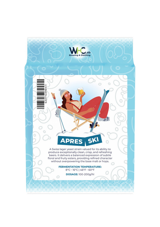A bag of WHC Lab Apres Ski lager yeast strain, featuring a light blue and white design with an illustration of a woman relaxing in a beach chair holding a beer glass.
