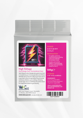 WHC Lab High Voltage 500g dehydrated brewing yeast, a thermotolerant strain for clean fermentation. Packaging features a neon amplifier with a lightning bolt, dosage, propagation, and storage details.