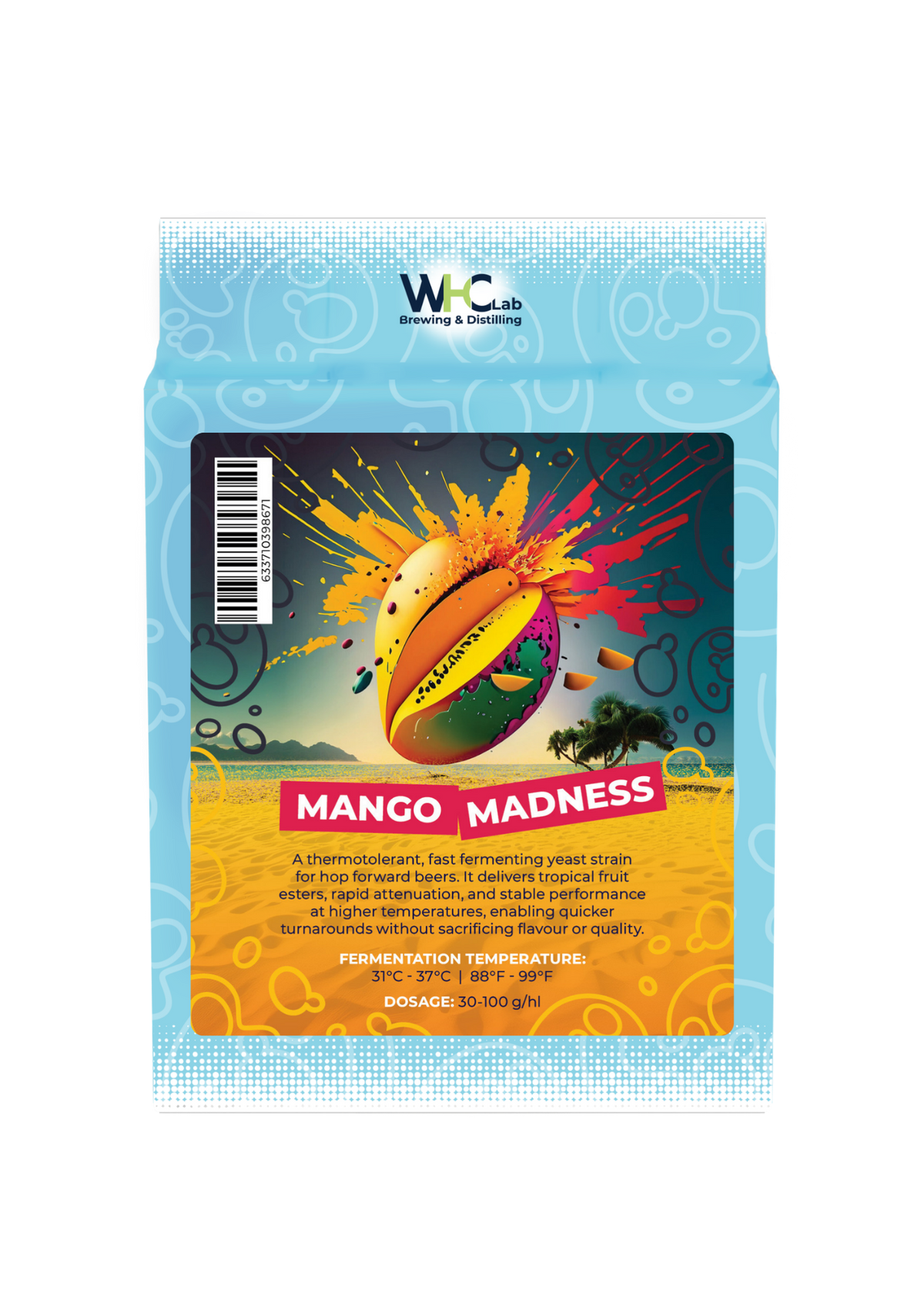 A bag of WHC Lab Brewing & Designing 'Mango Madness' dry fermenting yeast. The packaging features a light blue top section with white decorative patterns and a yellow-orange bottom section, with a central graphic of a sliced mango surrounded by colorful paint splatters.