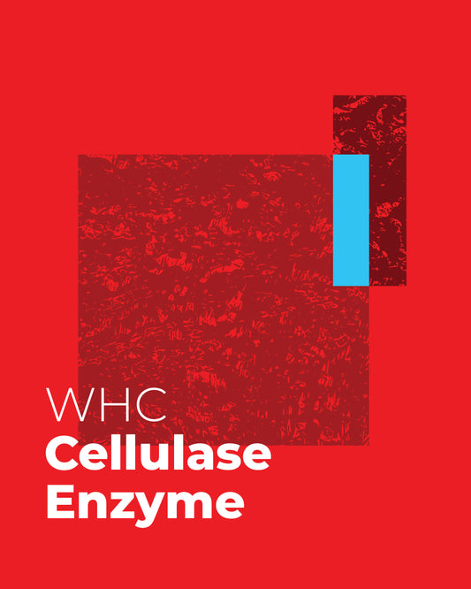 WHC Cellulase Enzyme product on a red background with a blue rectangular element.