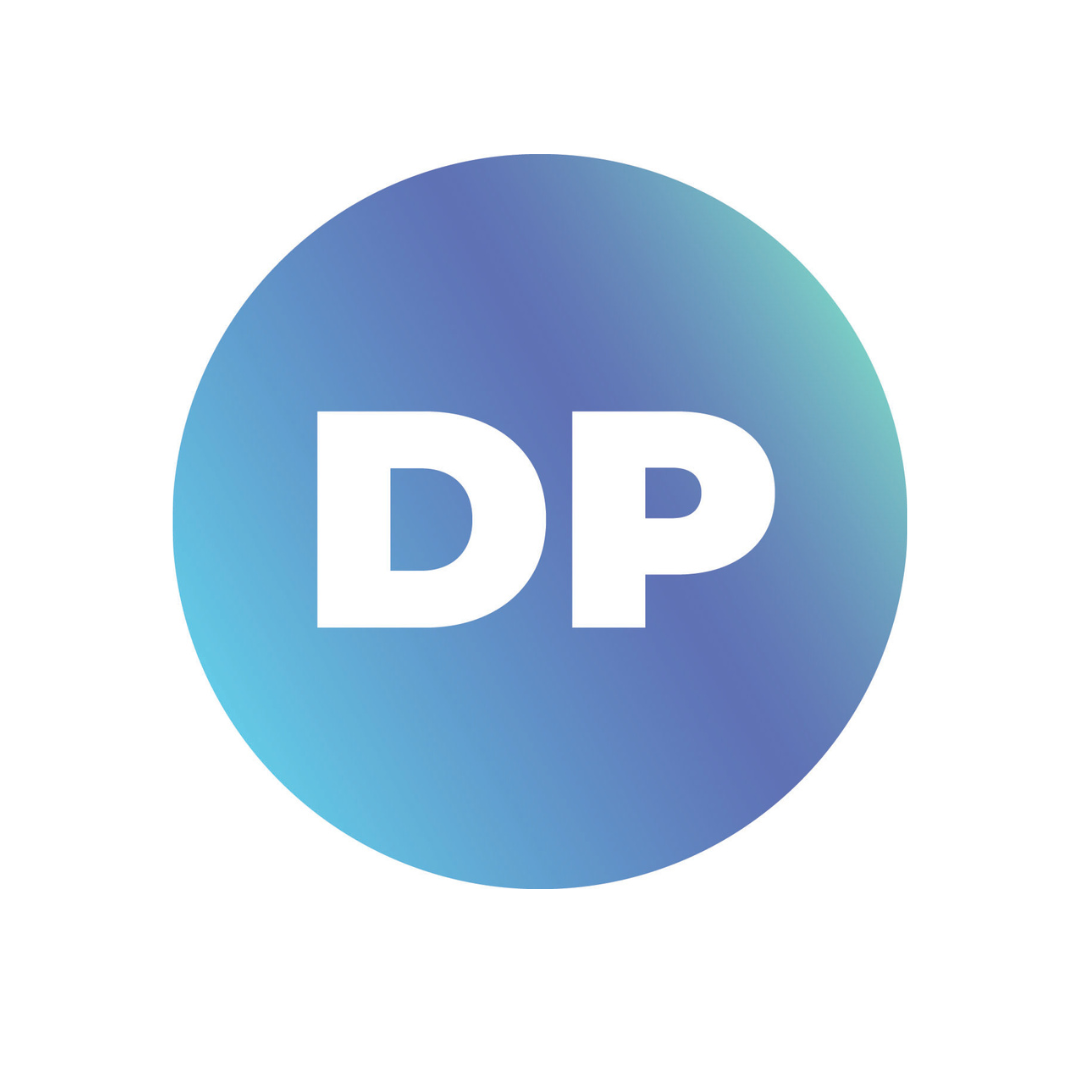 Gradient blue circle with 'DP' in the center on a white background