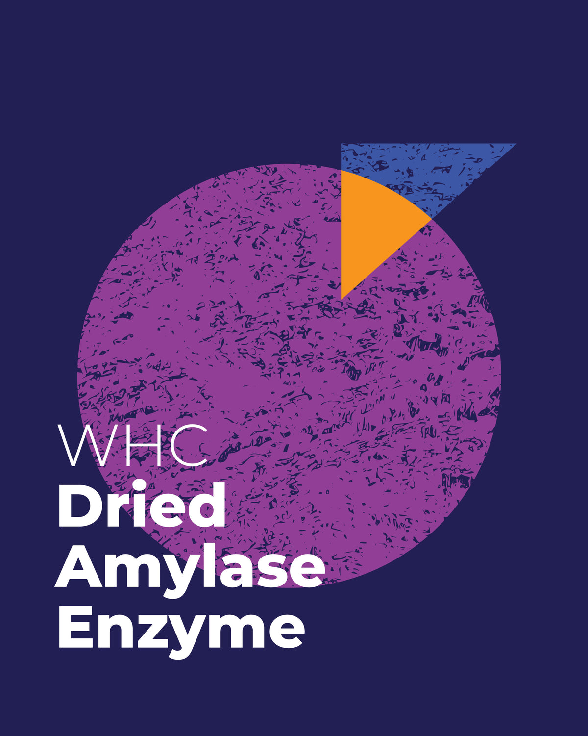 Logo for WHC Dried Amylase Enzyme with a purple circle and orange triangle on a dark blue background