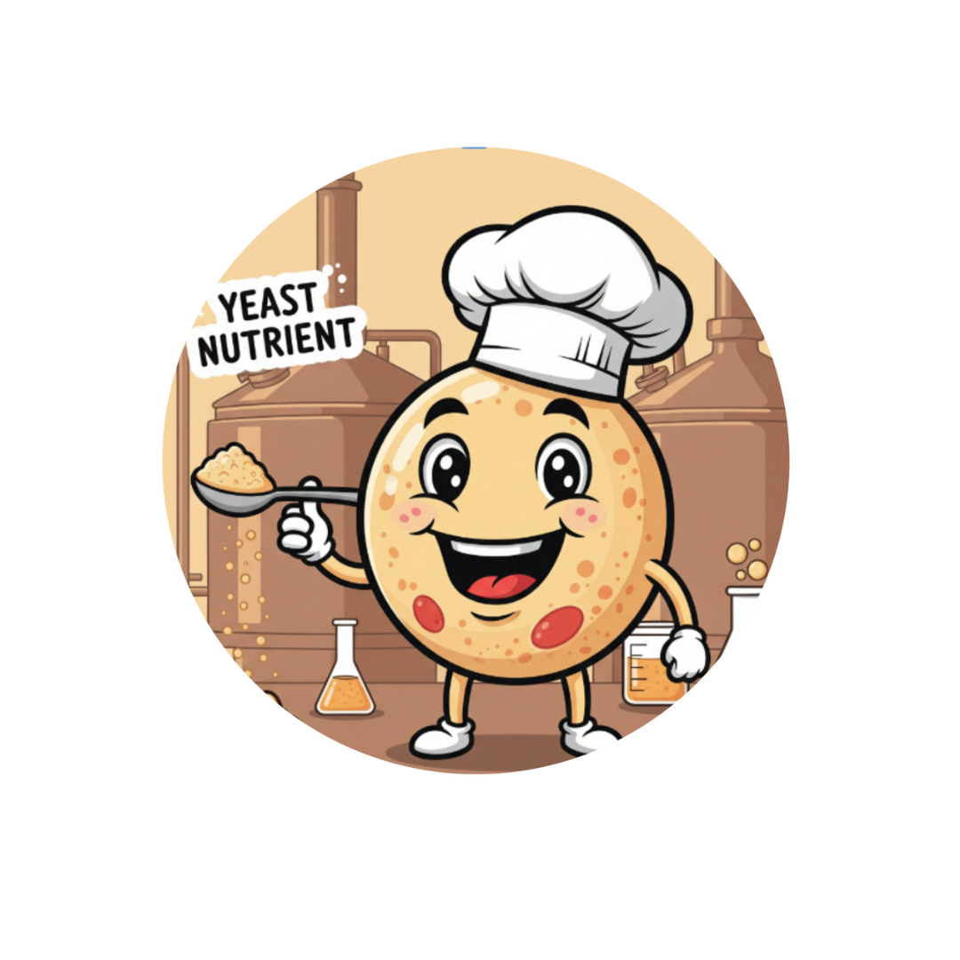 Cartoon character of a yeast nutrient with a chef hat holding a spoonful of yeast, set against a background with laboratory equipment.